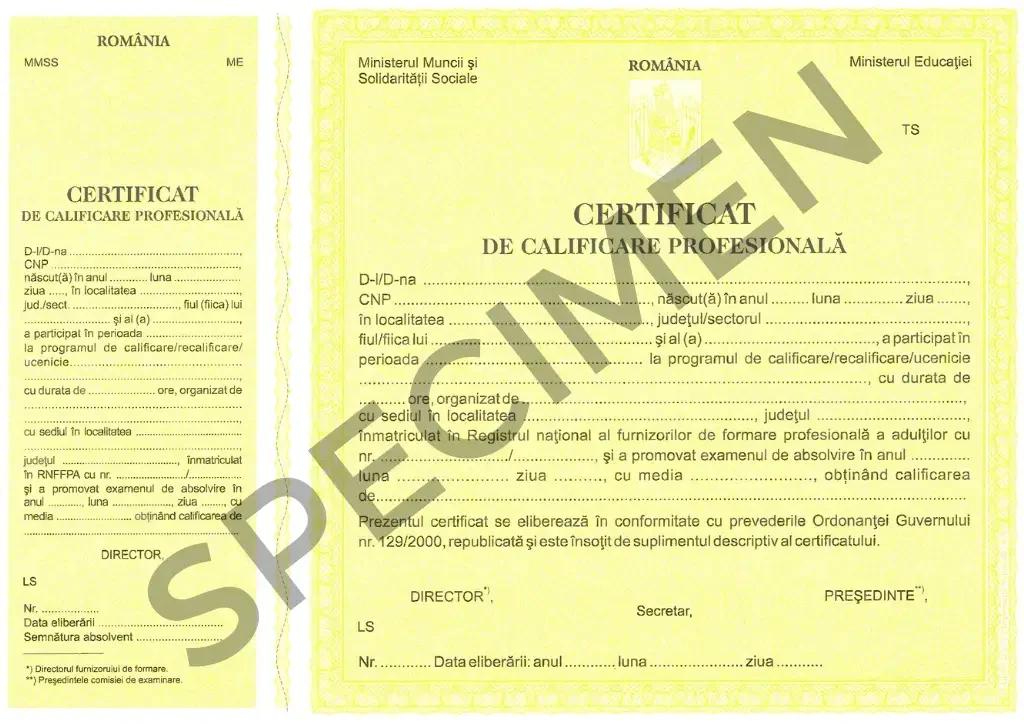 Model de certificat de calificare